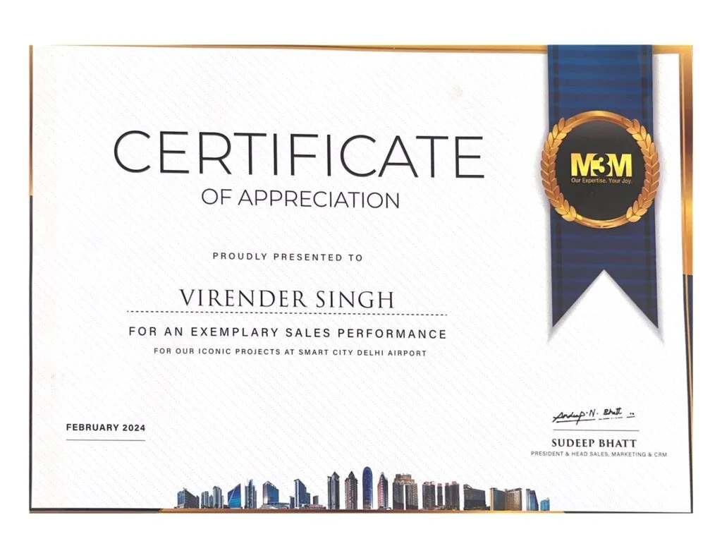 a certificate of appreciation with a blue ribbon and city skyline
